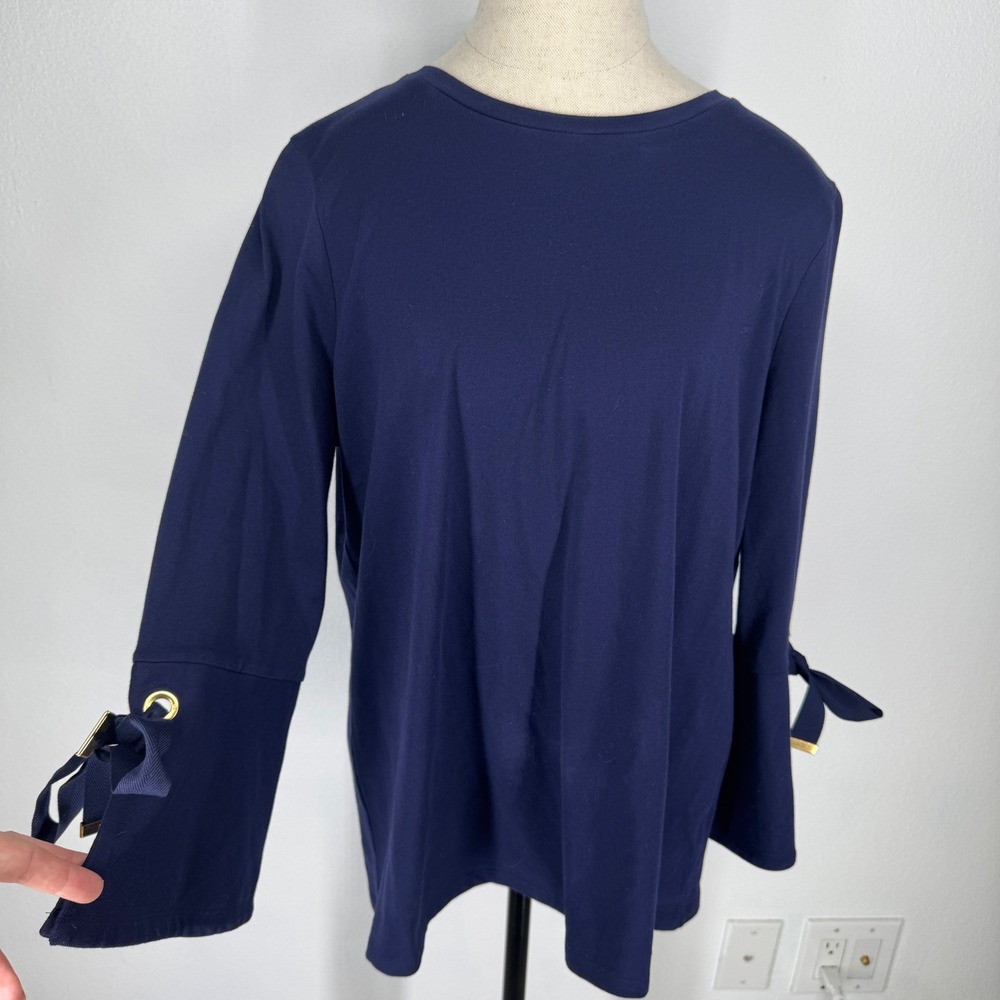Ralph Lauren Navy Blue Bell Sleeve Tie Top L Long Sleeve Knit Preppy Old Money